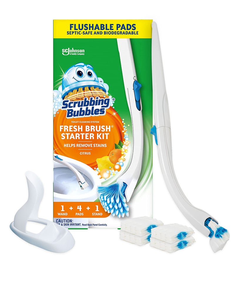 Scrubbing Bubbles Toilet Bowl Brush and Holder with Cleaner Refill Pads, Fresh Brush Toilet Wand Starter Kit, Cleans Limescale & Fights Odors, Citrus Scent, 1 Wand + 4 Refills + 1 Stand - Image 1